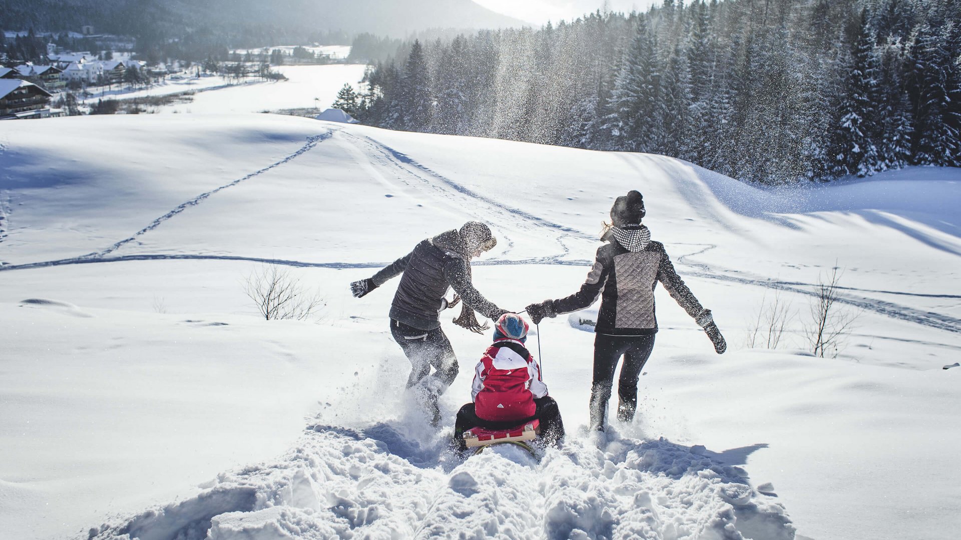 Le vostre vacanze a Seefeld Tre persone che si divertono con la slitta in una valle innevata al sole